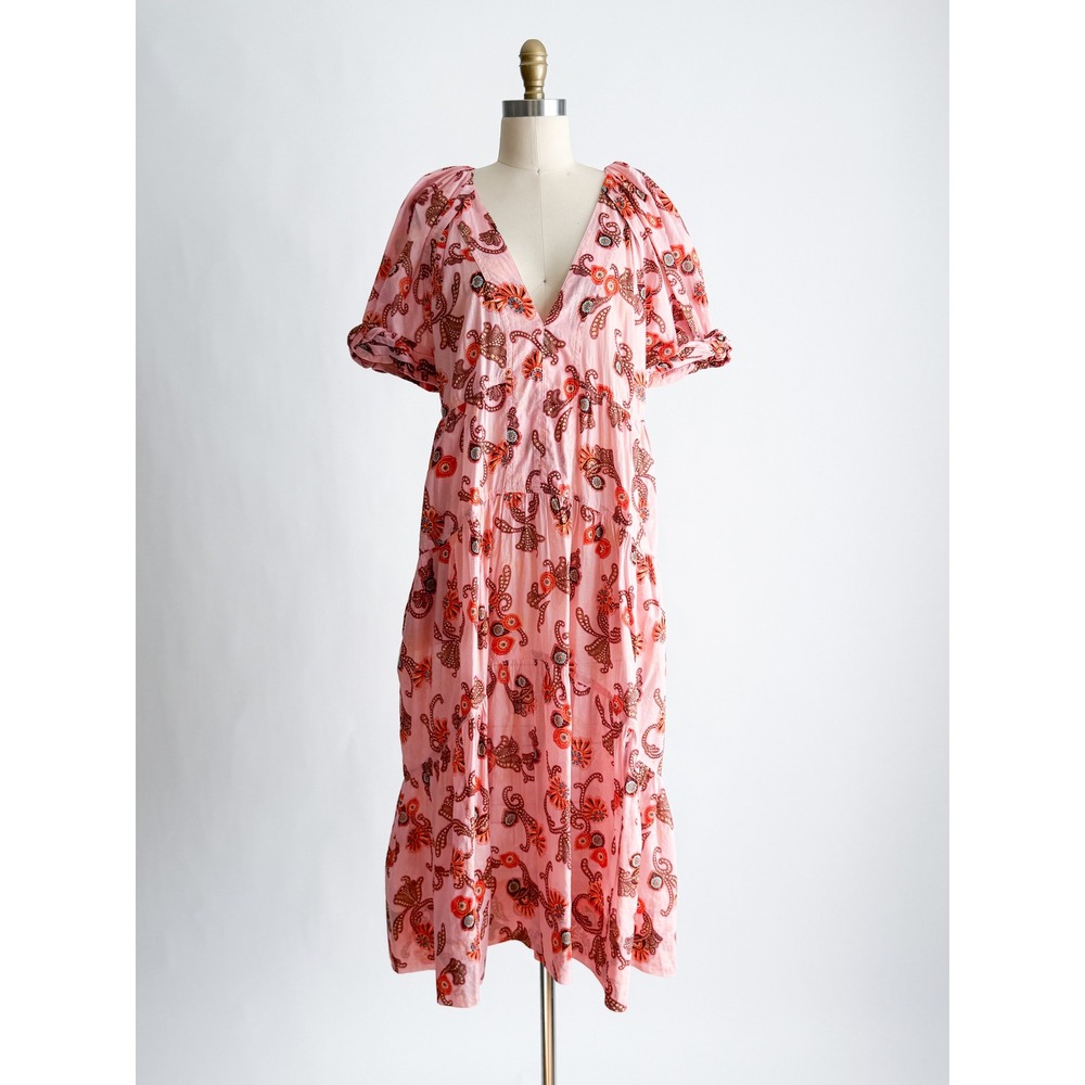 A.L.C. Tiered Midi Dress Paisley Floral Boho Cotton 8 Pink V-Neck Puff Sleeve